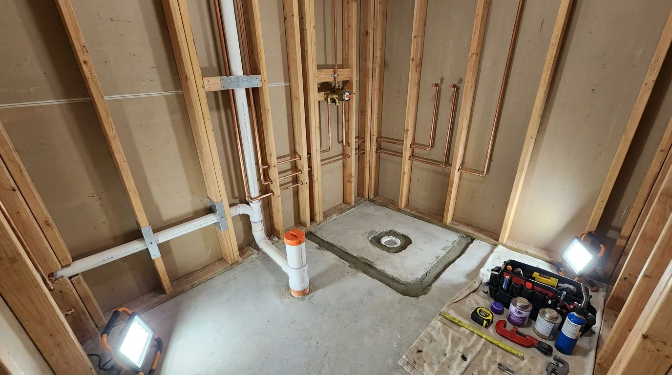 Bathroom rough-in plumbing during remodel by Johns Plumbing LLC in Goodman