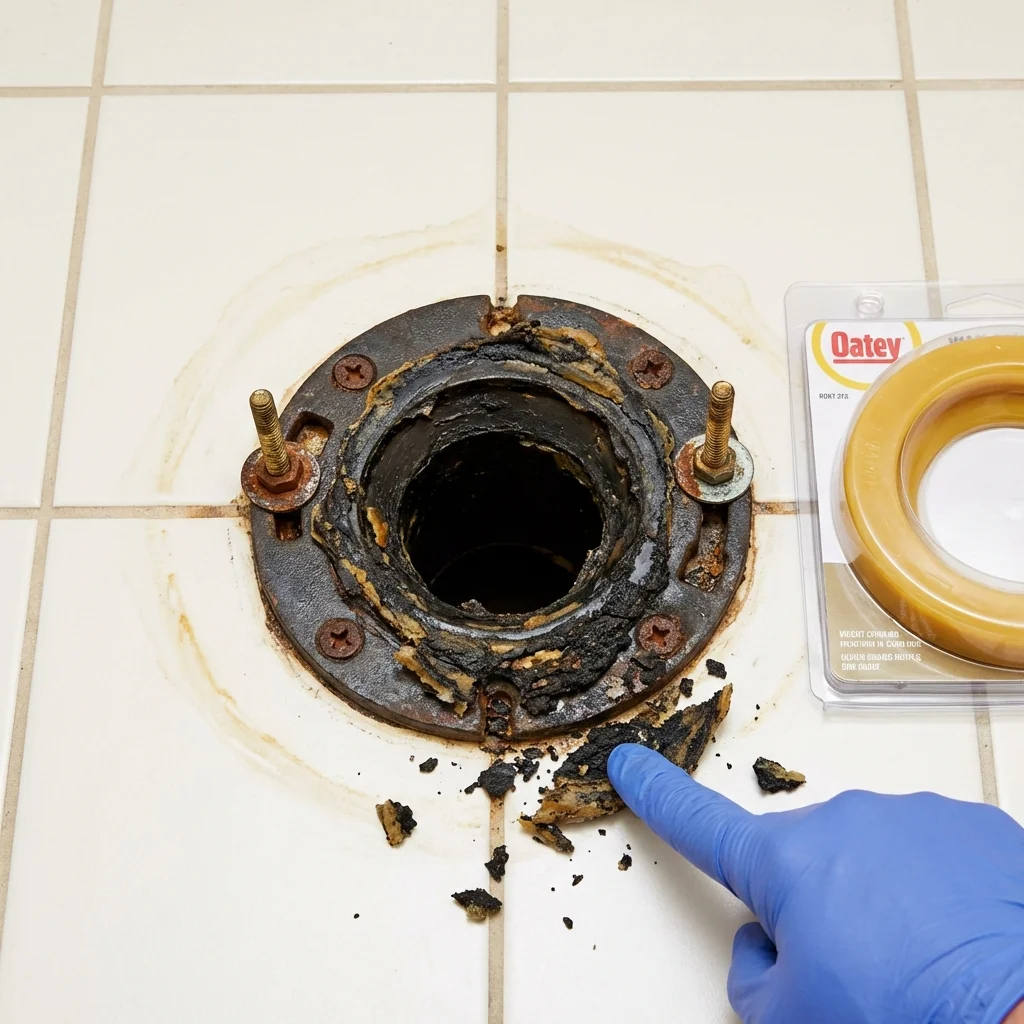 Failed wax ring showing water seepage at the base of a toilet in a Goodman, MS home