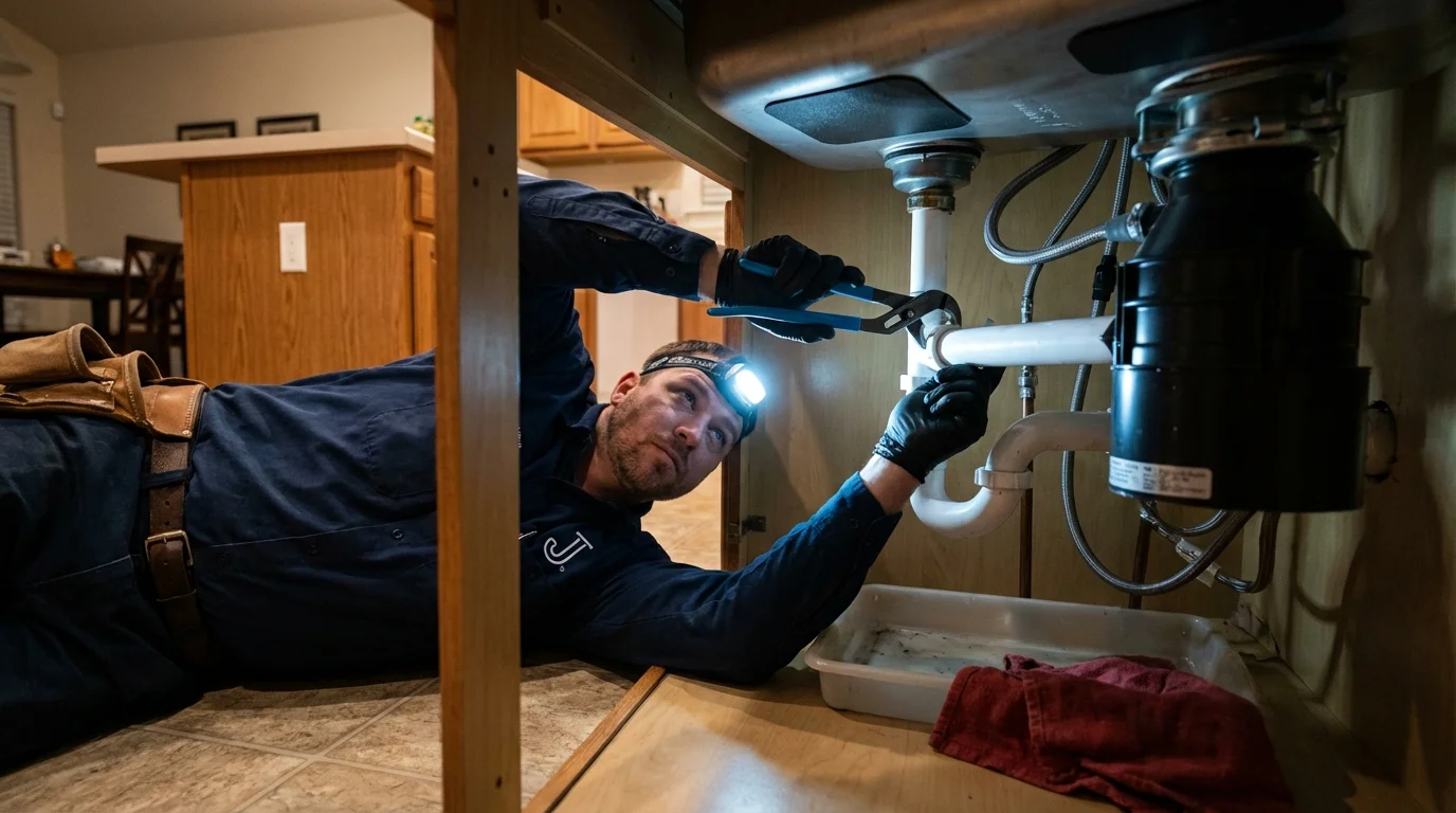P-trap and supply line connections under a kitchen sink showing a common leak point in Goodman, MS